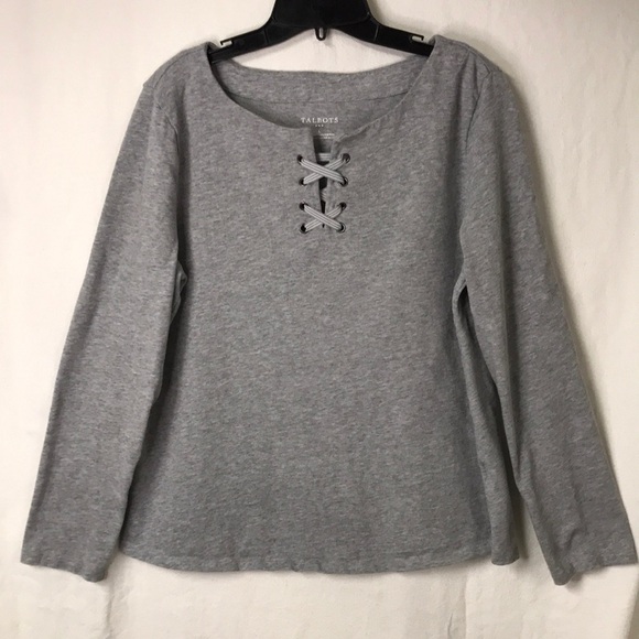 TALBOTS Women’s Tunic Sweatshirt Top Gray Size Large Laced V Neck Casual - Picture 1 of 8